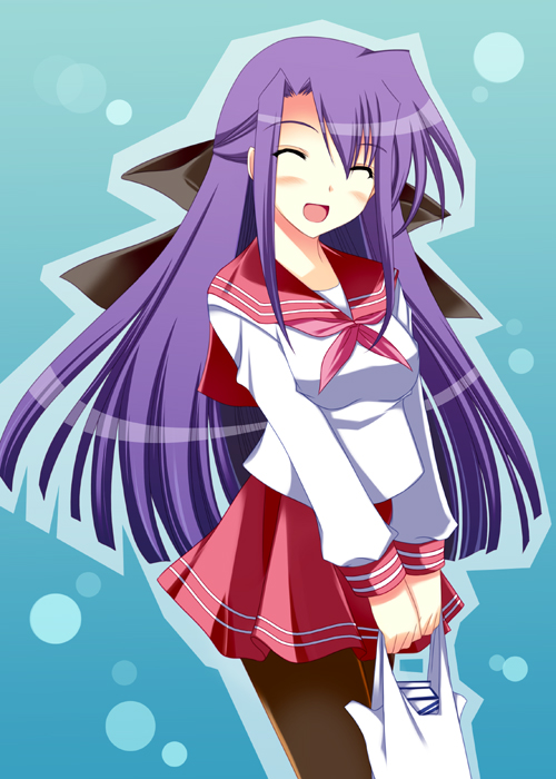 ibuki pon, ginga nakajima, lyrical nanoha, mahou shoujo lyrical nanoha, mahou shoujo lyrical nanoha strikers, 00s, 1girl, bag, closed eyes, female focus, pantyhose, plastic bag, school uniform, serafuku, solo