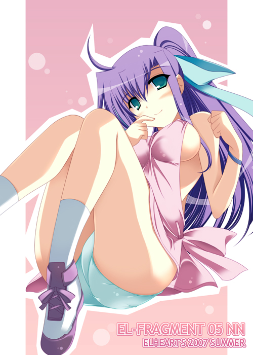 ibuki pon, quint nakajima, lyrical nanoha, mahou shoujo lyrical nanoha, mahou shoujo lyrical nanoha strikers, 00s, 1girl, ahoge, apron, blush, breasts, female focus, green eyes, green panties, hair ribbon, housewife, large breasts, long hair, mature female, panties, pantyshot, purple hair, ribbon, shoes, sideboob, sitting, smile, sneakers, socks, solo, underwear