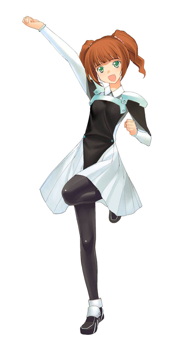 a1 (initial-g), takatsuki yayoi, idolmaster, idolmaster (classic), idolmaster 1, highres, 00s, 1girl, :d, arm up, brown hair, clenched hands, dress, female focus, green eyes, open mouth, outstretched arm, pantyhose, smile, solo, spandex, standing, standing on one leg, twintails