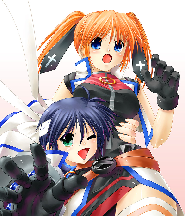 ayato, revolver knuckle, subaru nakajima, teana lanster, lyrical nanoha, mahou shoujo lyrical nanoha, mahou shoujo lyrical nanoha strikers, 00s, 2girls, belt, belt buckle, blue eyes, blue hair, buckle, fingerless gloves, gloves, headband, jacket, magical girl, multiple girls, one eye closed, open clothes, open jacket, open vest, orange hair, single fingerless glove, single gauntlet, thighhighs, twintails, vest