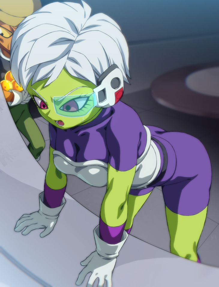 rom (20), cheelai, lemo (dragon ball), dragon ball, dragon ball super, dragon ball super broly, commentary, 1boy, 1girl, alien, armor, ass, bodysuit, breasts, colored sclera, colored skin, dragon ball (object), gloves, green skin, medium breasts, open mouth, orange skin, purple bodysuit, purple eyes, scouter, short hair, teeth, tongue, white gloves, white hair, yellow sclera