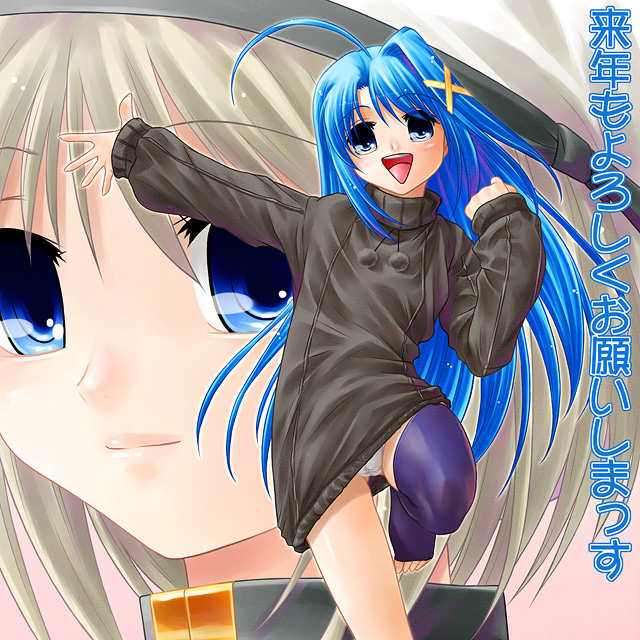 ayato, reinforce zwei, yagami hayate, lyrical nanoha, mahou shoujo lyrical nanoha, mahou shoujo lyrical nanoha strikers, 00s, 2girls, ahoge, asymmetrical clothes, asymmetrical legwear, blue eyes, blue hair, hair ornament, hat, magical girl, mini person, minigirl, multiple girls, panties, pantyshot, single thighhigh, thighhighs, underwear, uneven legwear, unison (nanoha), x hair ornament