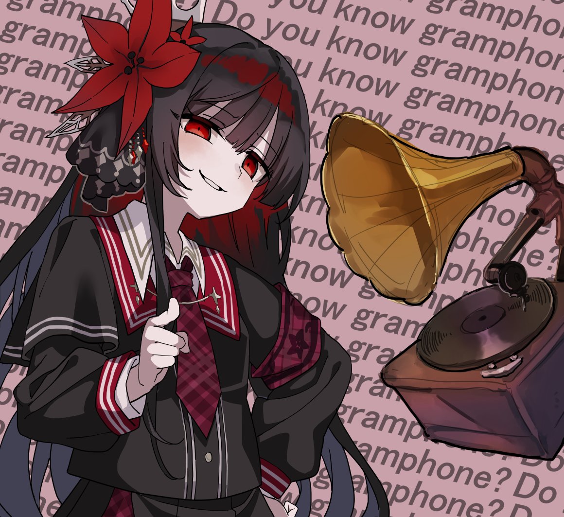 manarou, nikaidou hiro, mahou shoujo no majo saiban, 1girl, armband, black hair, english text, flower, grin, hair between eyes, hair flower, hair ornament, hand on own hip, long hair, long sleeves, looking at viewer, multicolored hair, necktie, phonograph, pointing, pointing at viewer, red armband, red eyes, red flower, red hair, red necktie, simple background, smile, solo, very long hair