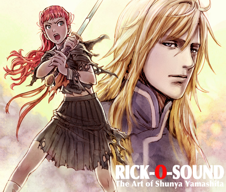 yamashita shun'ya, keiki (juuni kokuki), nakajima youko, juuni kokuki, angry, blonde hair, blue eyes, blunt bangs, changpao, chinese clothes, close-up, fighting stance, green eyes, jian (weapon), kneehighs, long hair, midriff, open mouth, pleated skirt, red hair, ribbon, school uniform, serafuku, skirt, socks, sword, turtleneck, weapon, wind