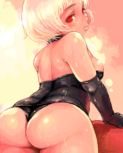 shigatake, muchimuchi-san, original, lowres, 1girl, ass, black gloves, blonde hair, blush, breasts, collar, elbow gloves, female focus, gloves, huge ass, leather, lips, looking back, medium breasts, no pupils, oekaki, orange theme, plump, red eyes, short hair, sideboob, solo, sweat