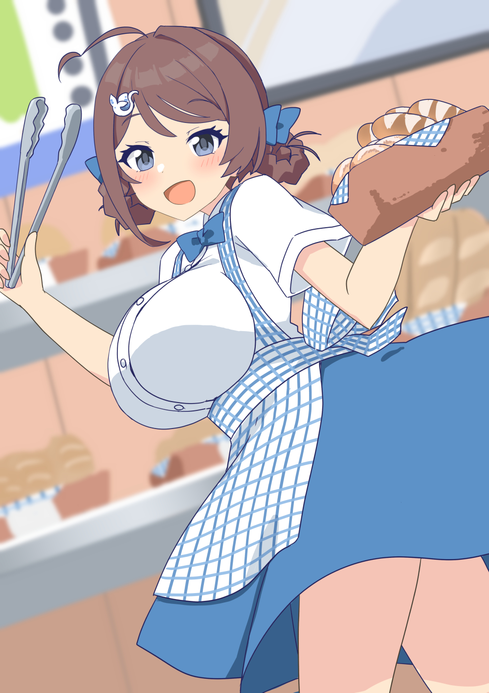 172cm, chougei (kancolle), kantai collection, highres, 1girl, apron, baguette, basket, blue apron, blue bow, blue bowtie, blue skirt, blush, bow, bowtie, braid, braided hair rings, bread, breasts, brown hair, checkered apron, checkered clothes, employee uniform, food, gingham, gingham apron, gingham skirt, hair ornament, hair rings, high-waist skirt, holding, holding tongs, kobeya uniform, large breasts, long hair, looking at viewer, open mouth, plaid apron, plaid clothes, pleated shirt, shirt, short sleeves, skirt, smile, tongs, twin braids, waitress, whale hair ornament, white shirt
