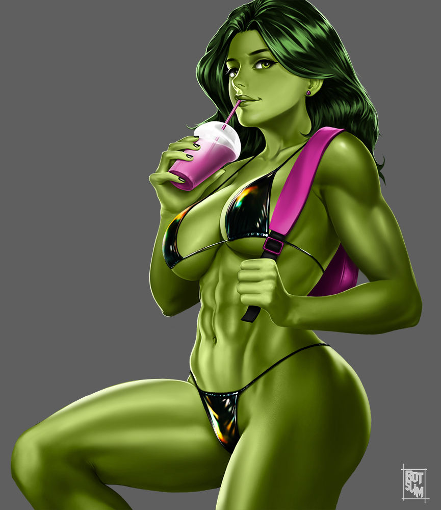 botslim, she-hulk, marvel, 1girl, abs, artist name, bikini, black bikini, breasts, cleavage, collarbone, colored skin, green eyes, green hair, green skin, large breasts, long hair, looking at viewer, midriff, muscular, muscular female, smoothie, solo, swimsuit, thighs
