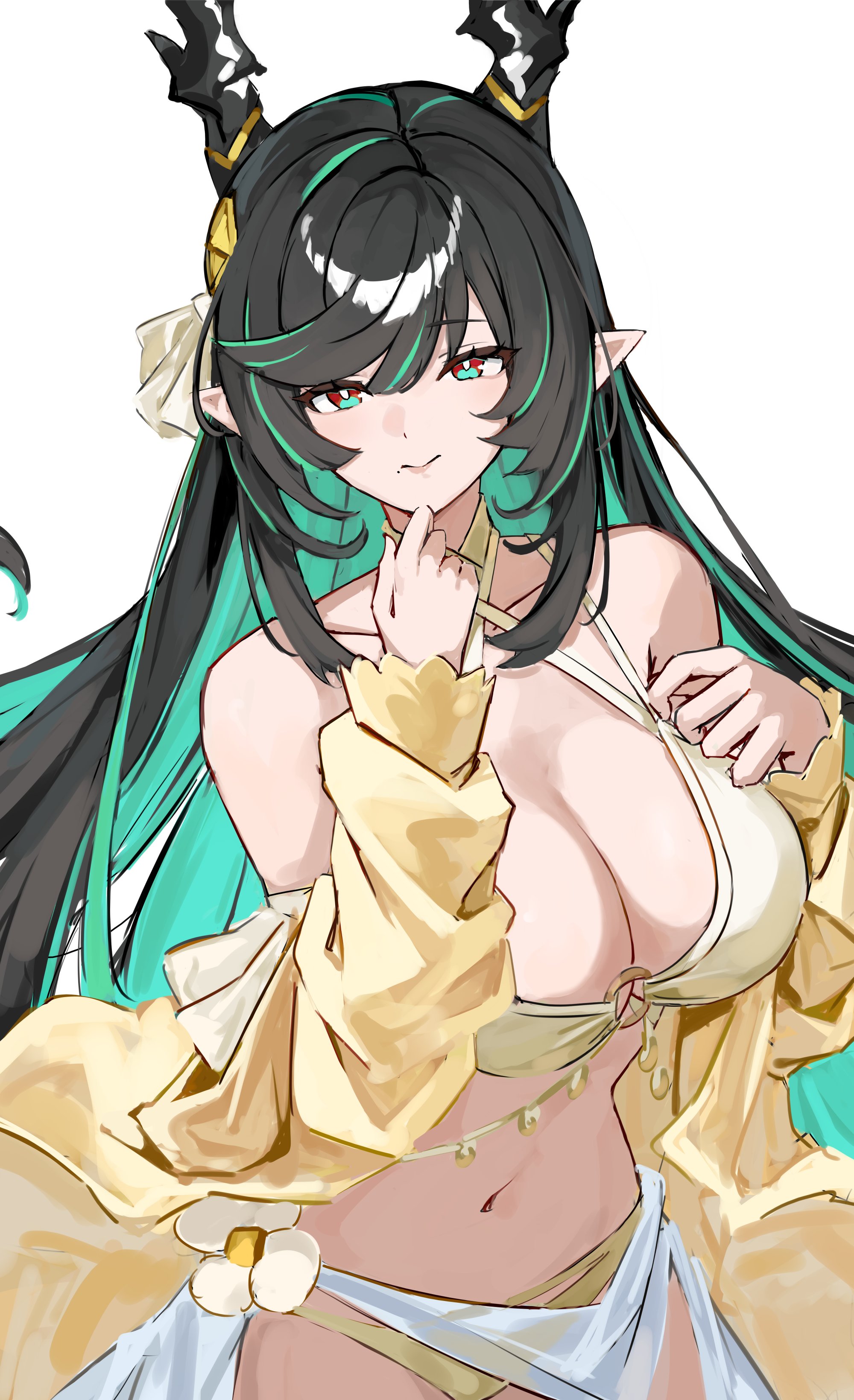 shiro wa (shiroshironix), payila (granblue fantasy), granblue fantasy, absurdres, commentary request, highres, 1girl, alternate costume, bare shoulders, bikini, black hair, black horns, breasts, cleavage, closed mouth, collarbone, colored inner hair, criss-cross halter, dragon horns, draph, gradient eyes, green eyes, green streaks, hair between eyes, hair ornament, halterneck, horns, huge breasts, jacket, lace, lace-trimmed bikini, lace trim, long hair, long sleeves, looking at viewer, multi-strapped bikini top, multicolored eyes, multicolored hair, navel, o-ring, o-ring top, off-shoulder bikini, off shoulder, pointy ears, red eyes, sarong, sidelocks, simple background, solo, streaked hair, swimsuit, thighs, upper body, very long hair, wavy mouth, white background, white bikini, yellow jacket