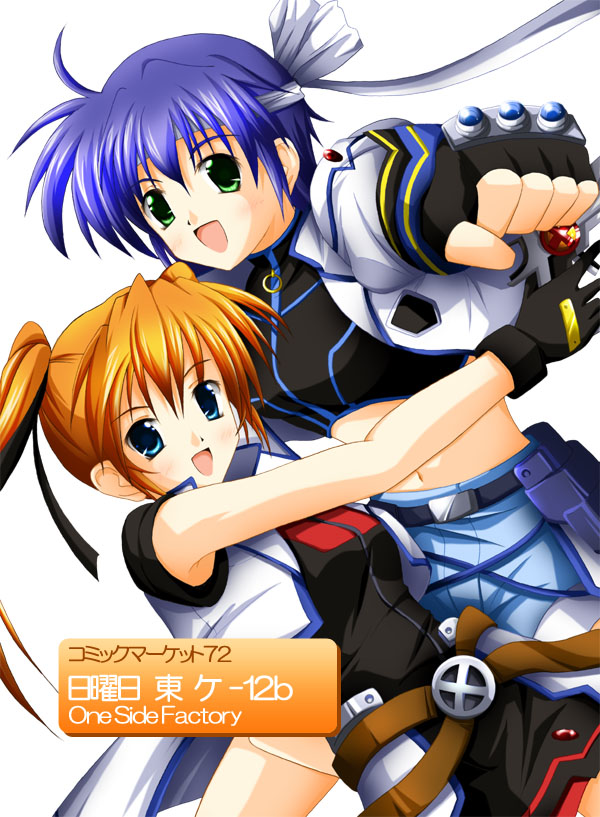 takase shin'ya, cross mirage, subaru nakajima, teana lanster, lyrical nanoha, mahou shoujo lyrical nanoha, mahou shoujo lyrical nanoha strikers, 00s, 2girls, belt, belt buckle, blue hair, buckle, fingerless gloves, gloves, gun, handgun, headband, jacket, magical girl, midriff, multiple girls, open clothes, open jacket, open vest, orange hair, twintails, vest, waist cape, weapon