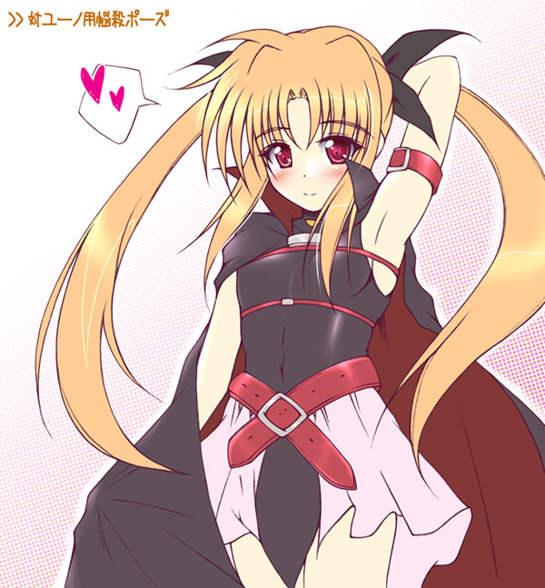 uminchu, fate testarossa, lyrical nanoha, mahou shoujo lyrical nanoha, 00s, 1girl, armband, armpits, belt, blonde hair, blush, cape, female focus, heart, long hair, red eyes, smile, solo, twintails
