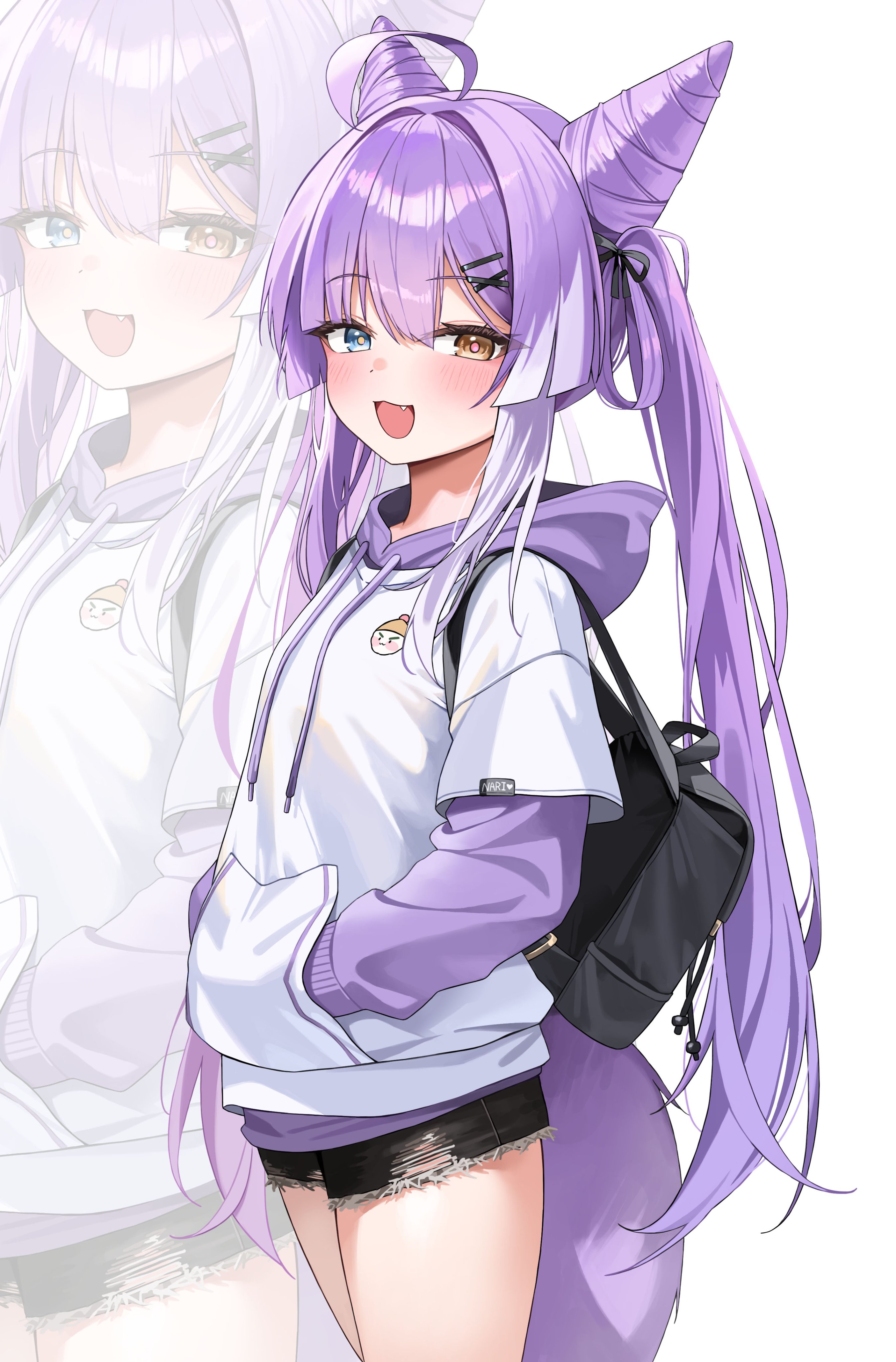 muru (muru zi), tenko shibuki, stellive, absurdres, hashtag-only commentary, highres, 1girl, ahoge, backpack, bag, black shorts, blue eyes, cone hair bun, cowboy shot, cutoffs, drawstring, fang, fox tail, hair bun, hands in pockets, heterochromia, hood, hood down, hoodie, long hair, long sleeves, looking at viewer, multicolored hair, open mouth, purple hair, short shorts, shorts, simple background, smile, solo, streaked hair, tail, thighs, torn clothes, torn shorts, twintails, very long hair, virtual youtuber, white background, white hoodie, yellow eyes, zoom layer