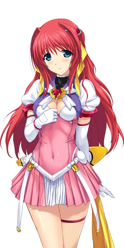 onigirikun, escalayer, kouenji sayuka, choukou (alicesoft), choukou tenshi escalayer, game cg, non-web source, official art, variant set, 1girl, aqua eyes, arm behind back, blue eyes, blush, breasts, brooch, chest jewel, cleavage, cleavage cutout, clothing cutout, covered navel, cowboy shot, dress, elbow gloves, gloves, hair intakes, hair ornament, hair ribbon, hand on own chest, jewelry, light smile, long hair, looking at viewer, magical girl, medium breasts, pink dress, pleated dress, puffy short sleeves, puffy sleeves, red hair, ribbon, short dress, short sleeves, skirt, smile, solo, standing, thigh strap, transparent background, turtleneck, white gloves, yellow ribbon