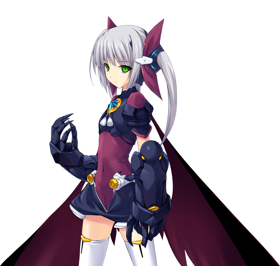 onigirikun, fm77 (escalayer), choukou (alicesoft), choukou tenshi escalayer, game cg, non-web source, official art, variant set, 1girl, armor, claws, gauntlets, green eyes, grey hair, long hair, ribbon, solo, thighhighs, transparent background, twintails, white thighhighs, zettai ryouiki