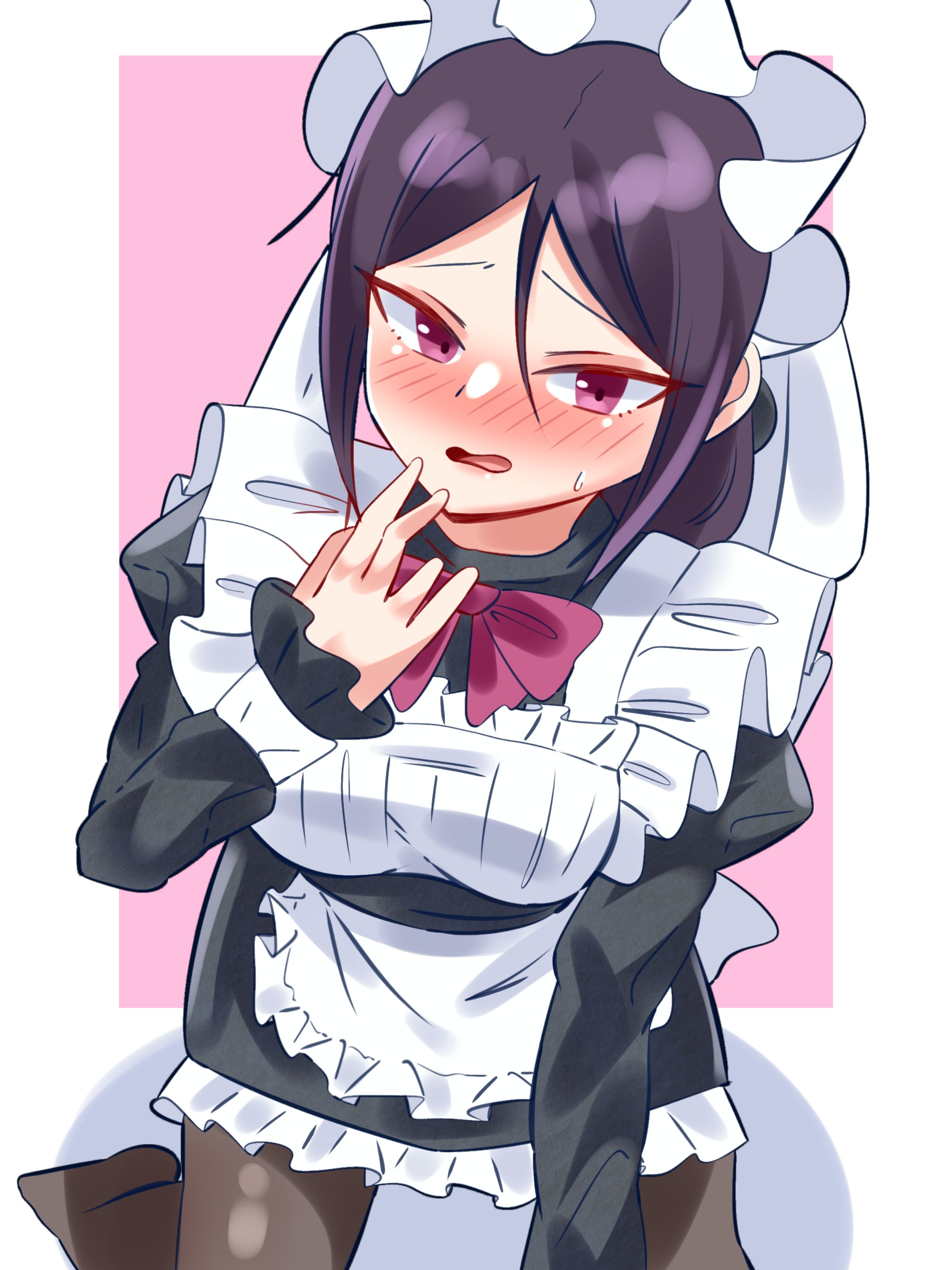 maid tiger, morikita kimari, kimi no koto ga dai dai dai dai daisuki na 100-nin no kanojo, absurdres, commentary, highres, 1girl, all fours, alternate costume, apron, black hair, black pantyhose, blush, enmaided, frills, hand to own mouth, juliet sleeves, long sleeves, looking at viewer, maid, maid headdress, no shoes, nose blush, open mouth, pantyhose, pink background, puffy sleeves, red eyes, simple background, solo, waist apron, white background