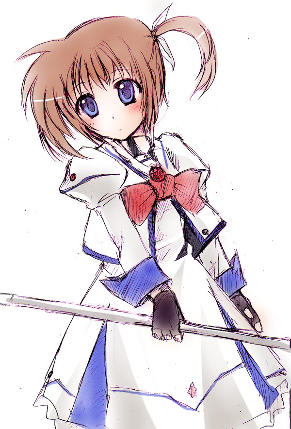 ruku (alicecreation), raising heart, takamachi nanoha, lyrical nanoha, mahou shoujo lyrical nanoha, 00s, 1girl, blue eyes, blush, bow, brown hair, female focus, fingerless gloves, gloves, magical girl, purple eyes, red bow, red hair, side ponytail, sketch, solo, twintails, weapon