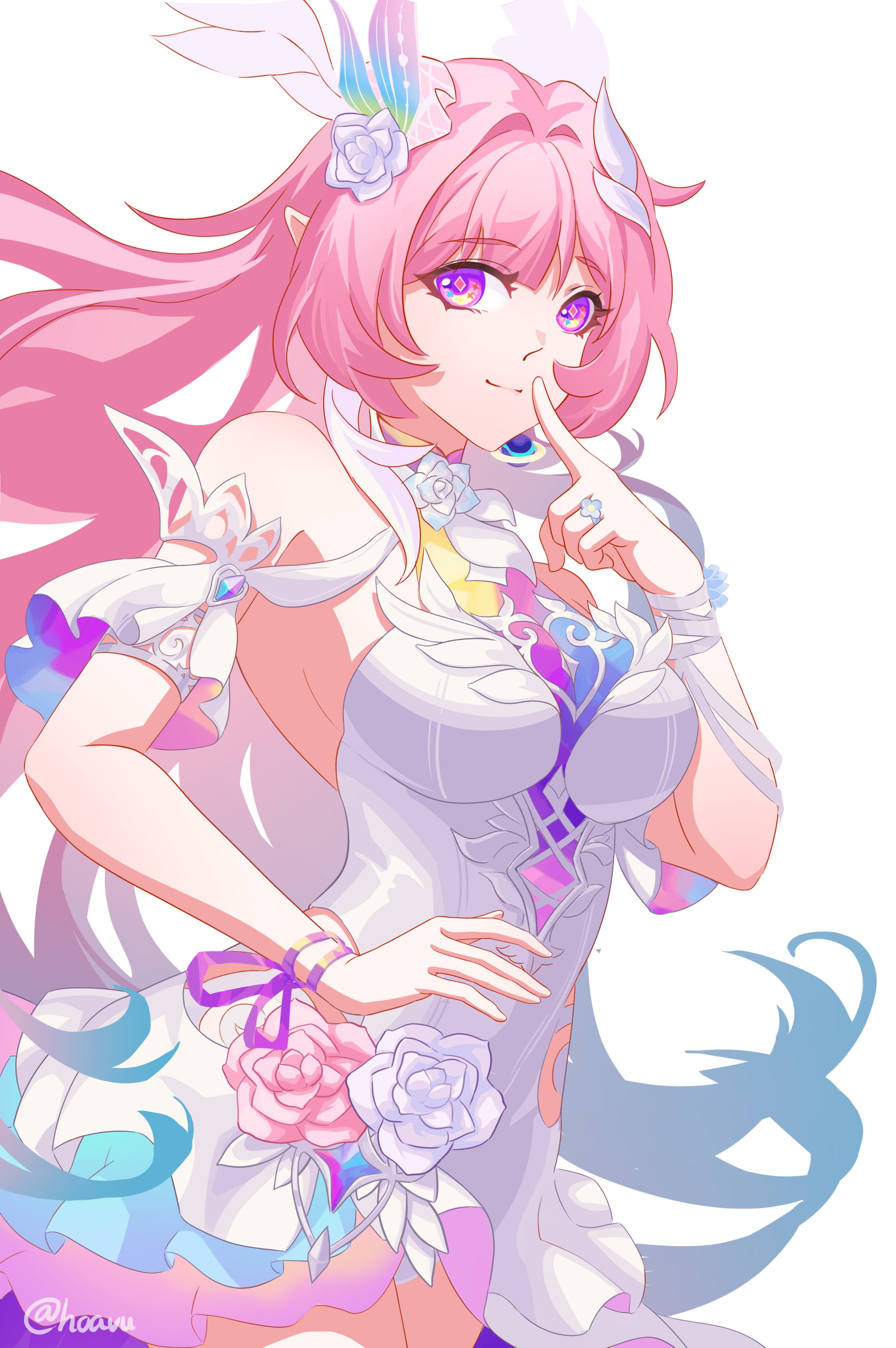 hoavu, cyrene (honkai: star rail), cyrene (ripples of past reverie) (honkai: star rail), honkai: star rail, honkai (series), absurdres, hashtag-only commentary, highres, revision, 1girl, bare shoulders, breasts, closed mouth, cowboy shot, diamond-shaped pupils, diamond (shape), dress, hair ornament, index finger raised, large breasts, long hair, looking at viewer, pink hair, pointy ears, purple eyes, purple pupils, sidelocks, simple background, smile, solo, symbol-shaped pupils, twitter username, very long hair, white background, white dress