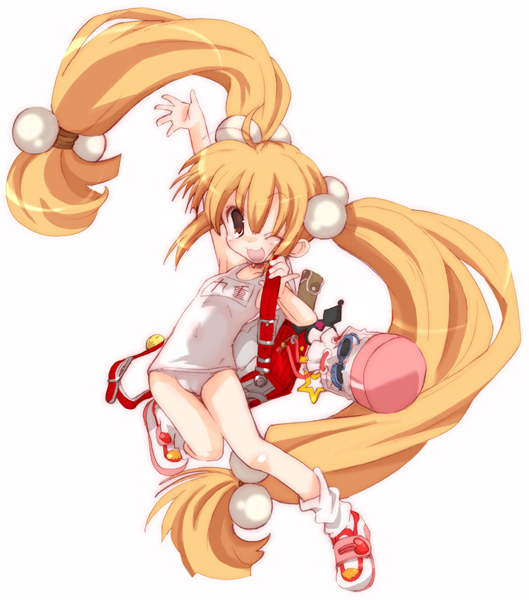hizuki yayoi, kokonoe rin, kodomo no jikan, 00s, 1girl, backpack, bag, blonde hair, cameltoe, female focus, hair bobbles, hair ornament, long hair, low-tied long hair, name tag, one-piece swimsuit, randoseru, school swimsuit, solo, swimsuit, very long hair, white one-piece swimsuit, white school swimsuit