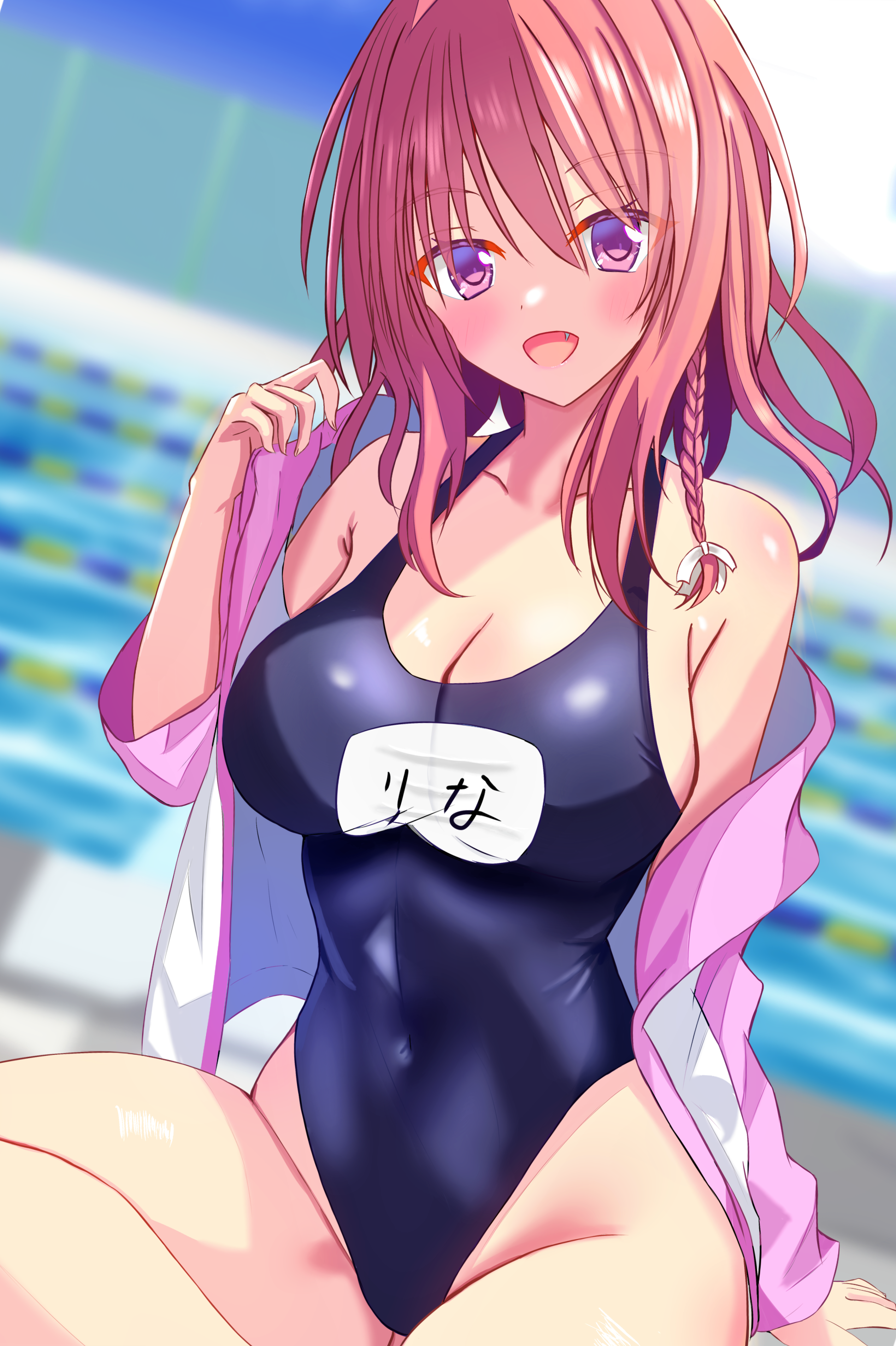 sakuratoru, komatsu rina, kimi no tonari de koishiteru!, absurdres, commentary request, highres, 1girl, :d, arm at side, armpit crease, bare shoulders, blue one-piece swimsuit, blurry, blurry background, blush, bow, braid, breasts, character name, cleavage, collarbone, colored eyelashes, covered navel, cowboy shot, curvy, eyes visible through hair, fang, groin, hair between eyes, hair bow, hand up, highleg, highleg one-piece swimsuit, impossible clothes, jacket, jacket partially removed, large breasts, looking at viewer, medium hair, one-piece swimsuit, open clothes, open jacket, open mouth, pink jacket, pool, purple eyes, red hair, school swimsuit, sidelighting, single braid, sitting, smile, solo, swimsuit, thighs, tsurime, white bow