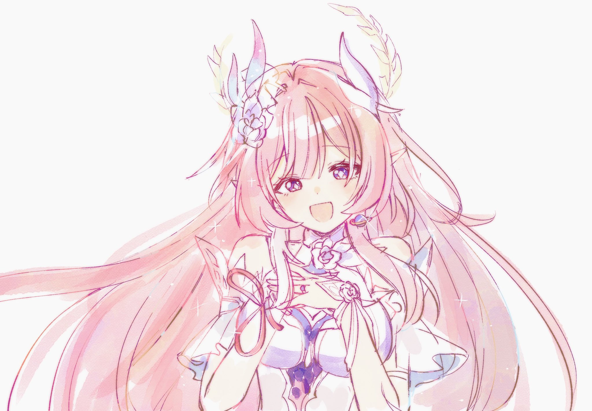 mi (27782900), cyrene (honkai: star rail), cyrene (ripples of past reverie) (honkai: star rail), honkai: star rail, honkai (series), commentary, highres, symbol-only commentary, 1girl, bare shoulders, breasts, diamond-shaped pupils, diamond (shape), flower, hair flower, hair ornament, halo, hands on own chest, large breasts, long hair, looking at viewer, open mouth, pink hair, pointy ears, purple eyes, simple background, solo, symbol-shaped pupils, very long hair, white background