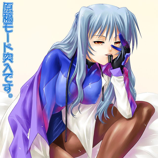 ayato, numbers (nanoha), uno (nanoha), lyrical nanoha, mahou shoujo lyrical nanoha, mahou shoujo lyrical nanoha strikers, silver hair, 00s, 1girl, female focus, gloves, looking at viewer, mouth hold, pantyhose, solo, yellow eyes