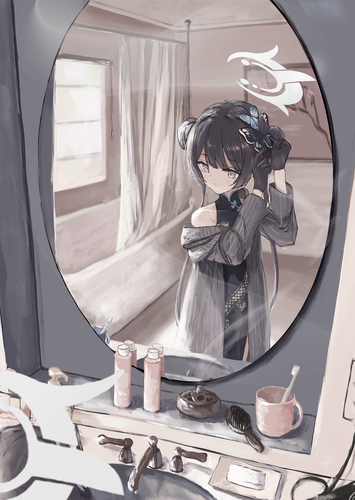kisaki (blue archive), blue archive, commentary, highres, 1girl, adjusting hair ornament, bar soap, bathroom, bathtub, black dress, black gloves, black hair, bug, butterfly, butterfly hair ornament, china dress, chinese clothes, closed mouth, coat, cowboy shot, cup, curtains, dot mouth, dot nose, double bun, dragon print, dress, faucet, gloves, grey coat, grey eyes, grey sleeves, hair brush, hair bun, hair ornament, halo, indoors, insect, kogure0012, long hair, long sleeves, looking at mirror, mirror, mug, reflection, shower curtain, sidelighting, sidelocks, single bare shoulder, single off shoulder, sink, sleeveless, sleeveless dress, soap, solo, standing, striped clothes, striped coat, striped sleeves, toothbrush, twintails, vertical-striped clothes, vertical-striped coat, white halo, window