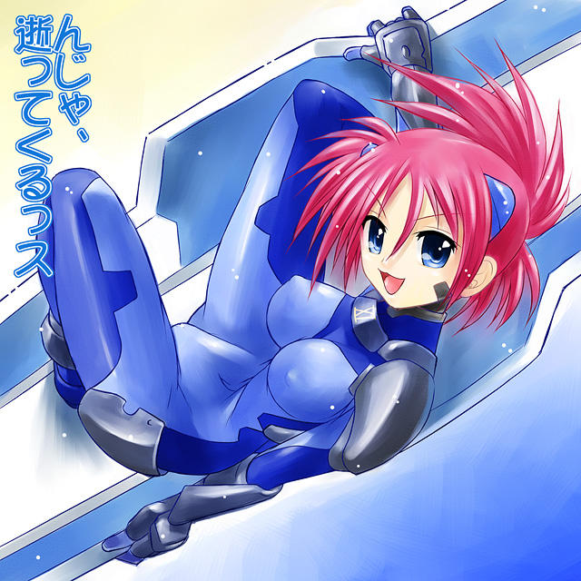 ayato, numbers (nanoha), wendi (nanoha), lyrical nanoha, mahou shoujo lyrical nanoha, mahou shoujo lyrical nanoha strikers, translated, 00s, 1girl, blue bodysuit, blue eyes, bodysuit, female focus, red hair, solo