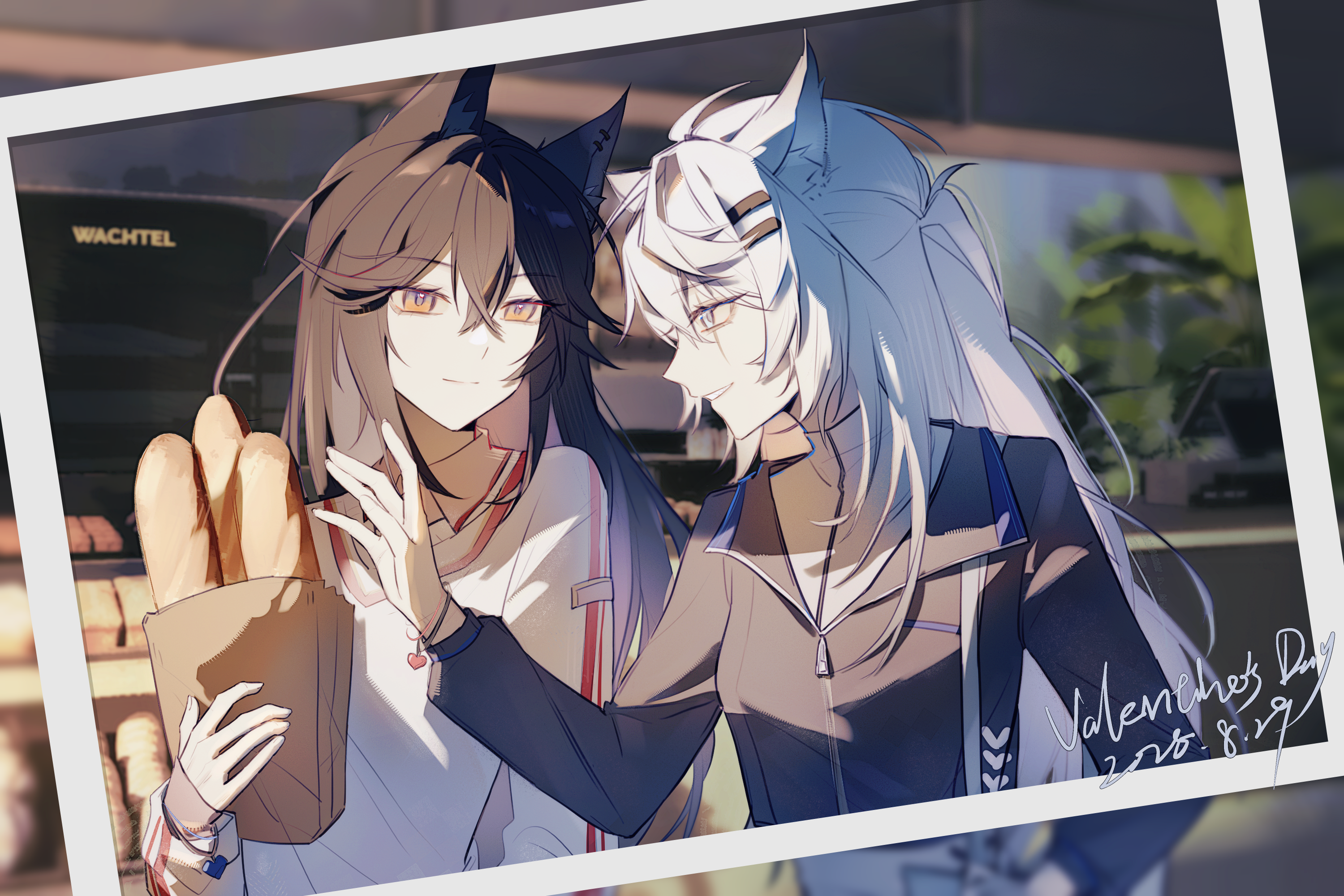 lappland (arknights), texas (arknights), arknights, chinese commentary, commentary request, highres, 2girls, animal ears, black jacket, brown hair, chen tian bushi tian, closed mouth, crossed bangs, hair between eyes, hair ornament, hairclip, jacket, long hair, long sleeves, looking at another, multiple girls, photo (object), profile, scar, scar across eye, scar on face, shirt, sleeves past wrists, smile, upper body, valentine, white eyes, white hair, white shirt, wolf ears, wolf girl, yellow eyes, yuri, zipper pull tab