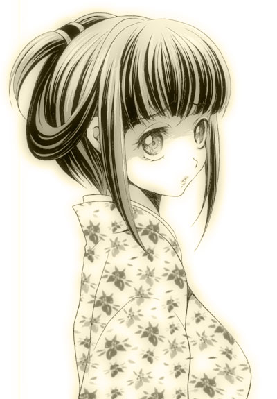 ichimai ugou, original, 1girl, blunt bangs, female focus, floral print, from side, japanese clothes, kimono, monochrome, parted lips, simple background, solo, upper body, white background, yellow theme