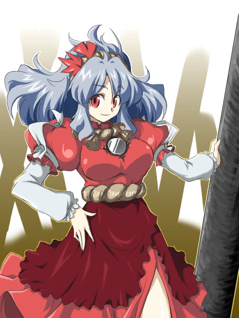 tajima yuuki, yasaka kanako, touhou, 1girl, female focus, hair ornament, leaf, leaf hair ornament, red eyes, rope, shimenawa, solo