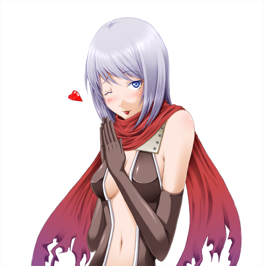 shinnoji, assassin cross (ragnarok online), ragnarok online, 1girl, :p, blue eyes, blush, breasts, elbow gloves, female focus, gloves, heart, medium breasts, navel, one eye closed, scarf, sideboob, solo, tongue, tongue out, wink