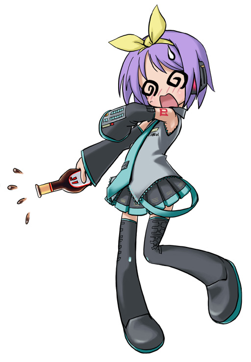 hibari makoto, hatsune miku, hiiragi tsukasa, lucky star, vocaloid, 1girl, @ @, aqua necktie, armpits, balsamic vinegar, black boots, blouse, boots, cosplay, crossover, eyes visible through hair, female focus, frilled shirt, frills, full body, grey shirt, hatsune miku (cosplay), necktie, shirt, sleeveless, sleeveless shirt, solo, tattoo, thigh boots, thighhighs, wavy mouth, white background, zettai ryouiki