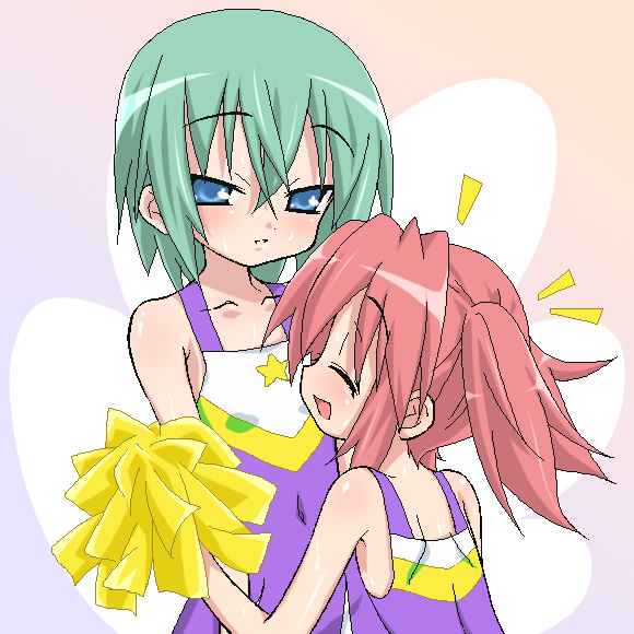 fujimiya, iwasaki minami, kobayakawa yutaka, lucky star, 00s, 2girls, blue eyes, cheerleader, closed eyes, flat chest, green hair, happy, hug, multiple girls, oekaki, pink hair, pom pom (cheerleading), short hair, tears, twintails