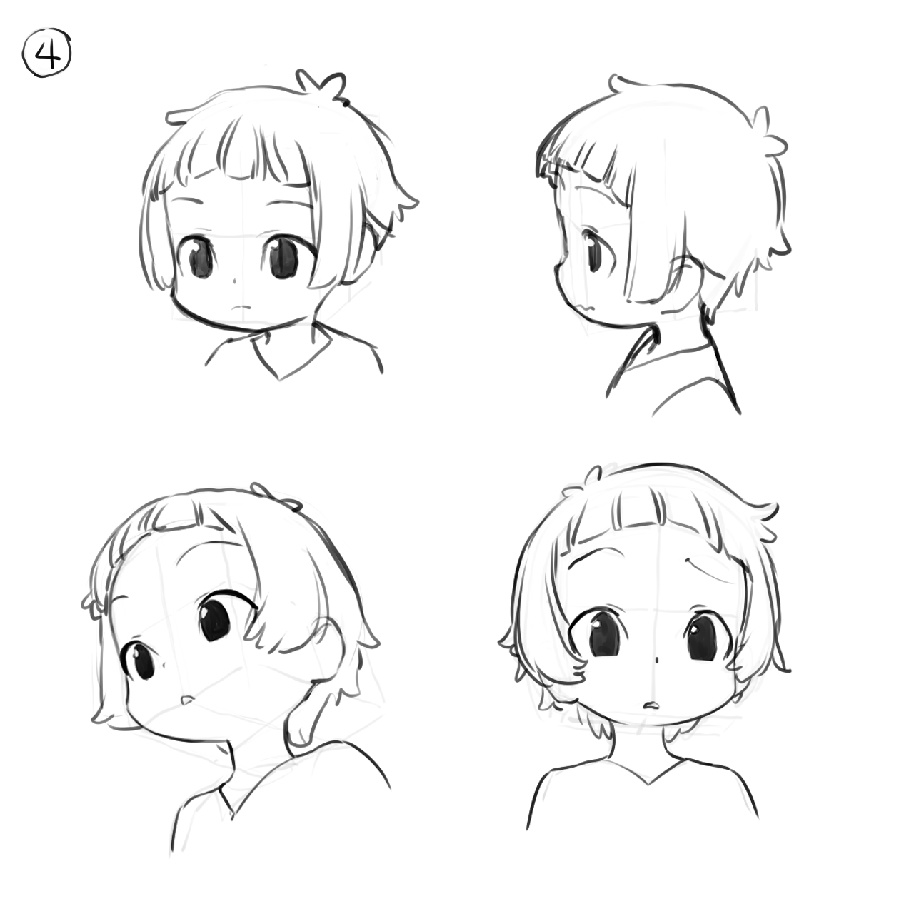 ryo chimo, original, highres, 1boy, blunt bangs, blush, guide, how to, looking at viewer, monochrome, multiple expressions, multiple views, short hair