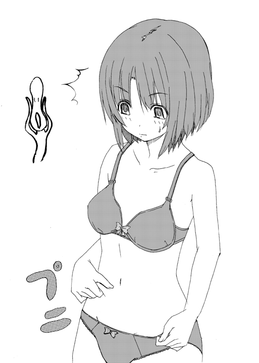 date (senpen), original, 1girl, bra, female focus, greyscale, lingerie, monochrome, panties, solo, underwear, underwear only