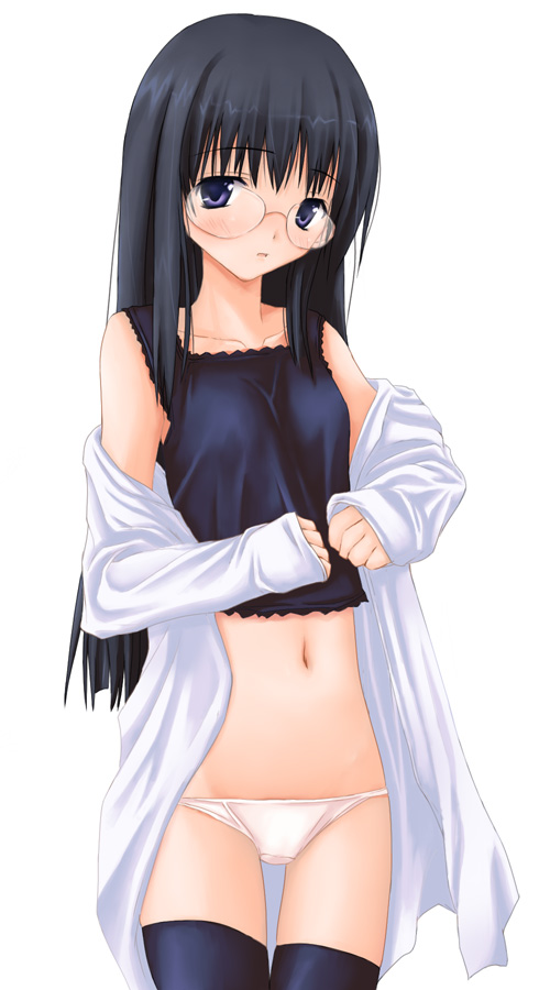 chisato (zyklus), original, 1girl, black hair, black thighhighs, camisole, female focus, glasses, long hair, lowleg, lowleg panties, panties, solo, thigh gap, thighhighs, thighs, underwear