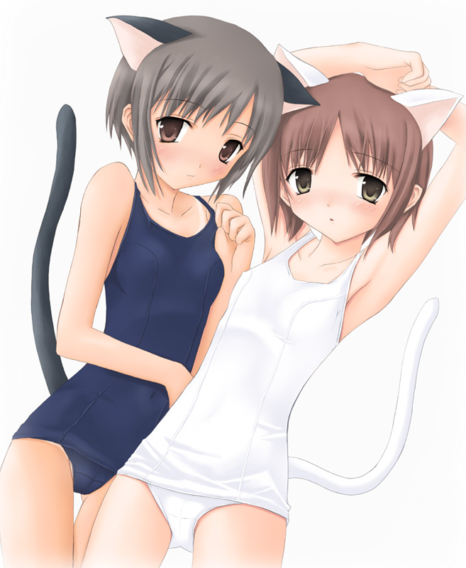 chisato (zyklus), 2girls, animal ears, cat ears, cat tail, multiple girls, one-piece swimsuit, school swimsuit, swimsuit, tail, white one-piece swimsuit, white school swimsuit