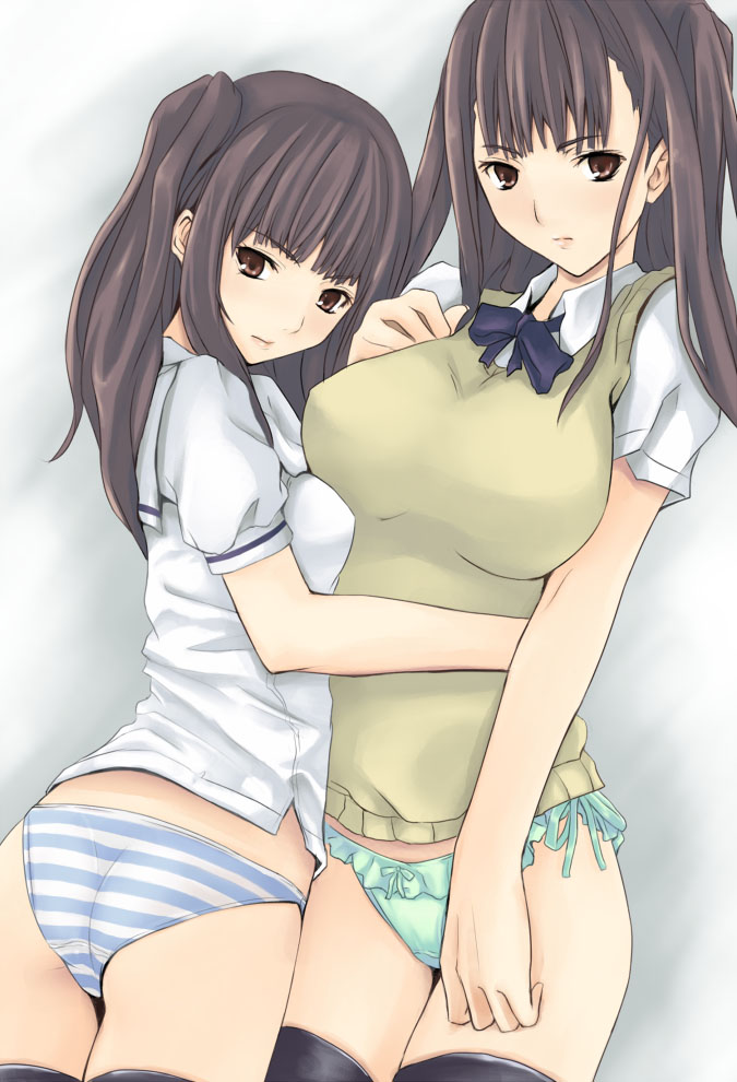 chisato (zyklus), original, 2girls, multiple girls, panties, school uniform, serafuku, striped clothes, striped panties, sweater, sweater vest, thighhighs, underwear, vest