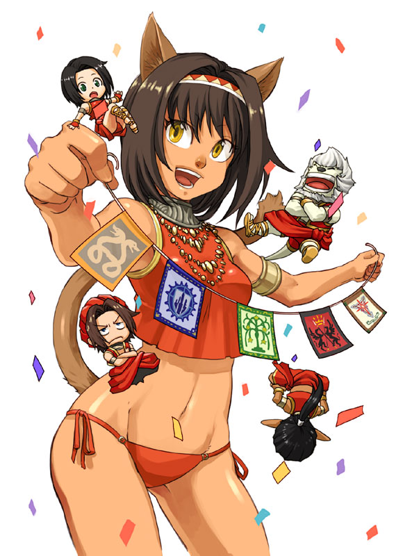 elvaan, mithra (ff11), final fantasy, final fantasy xi, 00s, 2girls, 3boys, animal ears, bikini, brown hair, cat ears, cat tail, elf, galka, green eyes, hume, multiple boys, multiple girls, pointy ears, short hair, swimsuit, tail, yellow eyes