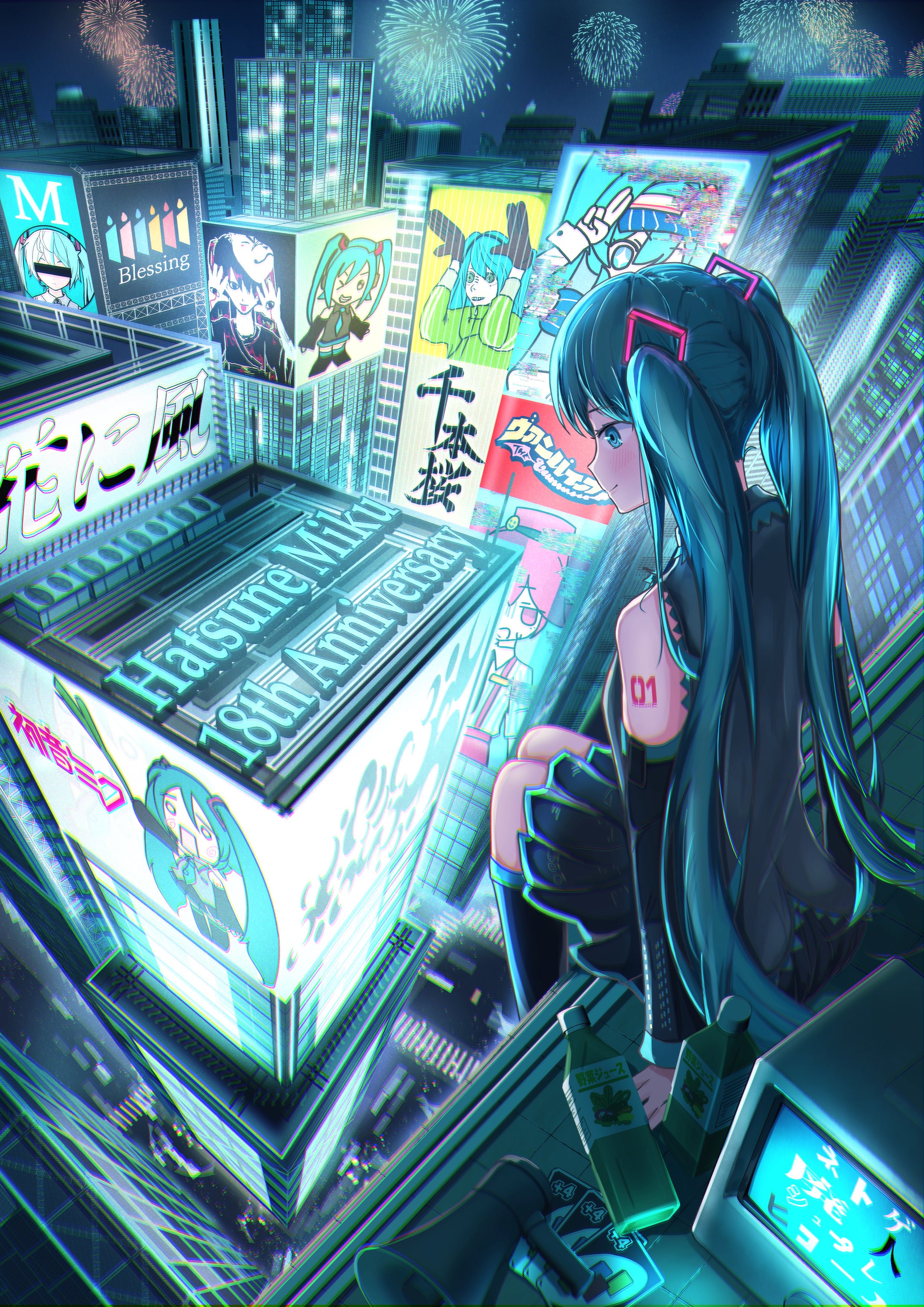 hachune miku, hatsune miku, kasane teto, ievan polkka (vocaloid), koi wa sensou (vocaloid), matryoshka (vocaloid), mesmerizer (vocaloid), mimukauwa nice try (vocaloid), musunde hiraite rasetsu to mukuro (vocaloid), netoge haijin sprechchor (vocaloid), poppippoo (vocaloid), rolling girl (vocaloid), senbonzakura (vocaloid), tokumei m (vocaloid), uno (game), vampire (vocaloid), vocaloid, absurdres, commentary, highres, 1girl, anniversary, bare shoulders, black skirt, black sleeves, black thighhighs, blessing (vocaloid), blue eyes, blue hair, building, card, character name, city, city lights, cityscape, crosswalk, detached sleeves, drink, english text, facing away, feet out of frame, fireworks, food, grey shirt, hair ornament, hana ni kaze (vocaloid), happy anniversary, high up, holding, holding food, holding spring onion, holding vegetable, legs together, light smile, long hair, looking down, mamu illust, megaphone, neon lights, neon sign, night, night sky, number tattoo, on roof, on rooftop, outdoors, pleated skirt, profile, road, rooftop, shirt, sitting, sitting on roof, skirt, sky, solo focus, song name, songover, spring onion, street, tattoo, thighhighs, twintails, vegetable, very long hair