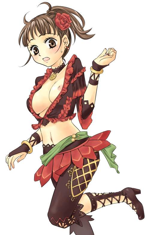 puipui, final fantasy, final fantasy xi, 00s, 1girl, breasts, brown hair, dancer, female focus, hume, large breasts, medium breasts, nipple slip, nipples, simple background, solo
