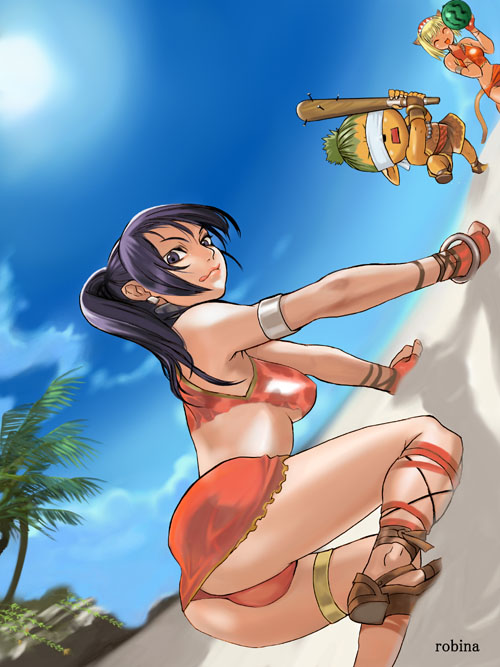 robina, mithra (ff11), final fantasy, final fantasy xi, 00s, 2girls, all fours, armpits, baseball bat, beach, bikini, blindfold, day, dutch angle, food, fruit, hume, looking back, multiple girls, nail (hardware), nail bat, outdoors, ponytail, suikawari, swimsuit, tarutaru, tongue, tree, watermelon, weapon