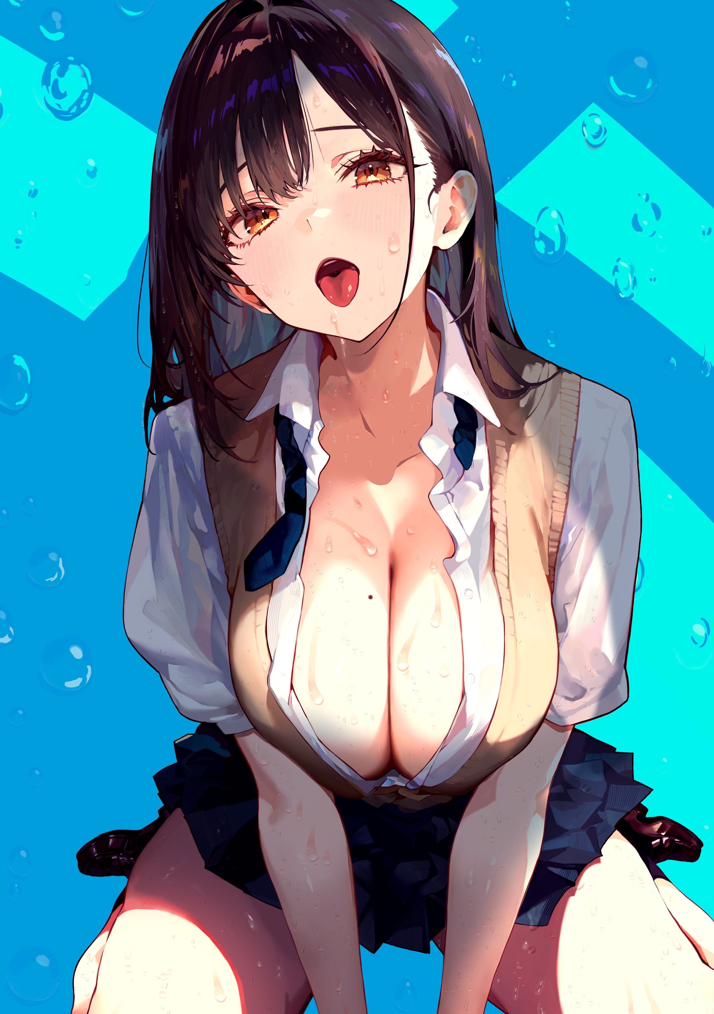 piratescat01, original, absurdres, highres, 1girl, blue background, blue skirt, blush, breasts, brown eyes, brown hair, cleavage, collarbone, collared shirt, dress shirt, large breasts, long hair, looking at viewer, mole, mole on breast, open mouth, partially unbuttoned, pleated skirt, school uniform, shirt, sitting, skirt, solo, sweat, tongue, tongue out, vest, wariza, white shirt, yellow vest
