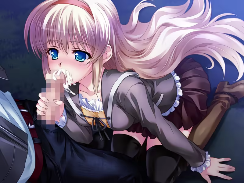 tsukasa yuuki, mochizuki nayuta, amber quartz, game cg, non-web source, 1boy, 1girl, blonde hair, censored, cum, cum in mouth, fellatio, hairband, kneehighs, long hair, mosaic censoring, oral, penis, red hairband, skirt, socks, very long hair