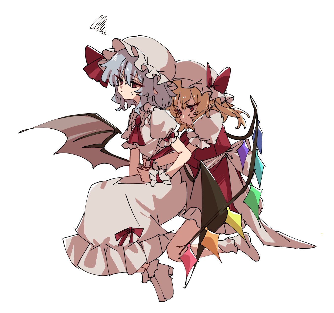 hua88331, flandre scarlet, remilia scarlet, touhou, commentary request, highres, 2girls, ascot, bat wings, blonde hair, blue hair, bow, closed mouth, collared shirt, full body, hat, hug, hug from behind, long hair, mob cap, multiple girls, pink shirt, puffy short sleeves, puffy sleeves, red ascot, red bow, red eyes, red skirt, red vest, shirt, short hair, short sleeves, siblings, simple background, sisters, skirt, socks, squiggle, vest, white background, white hat, white shirt, white skirt, white socks, wings, wrist cuffs