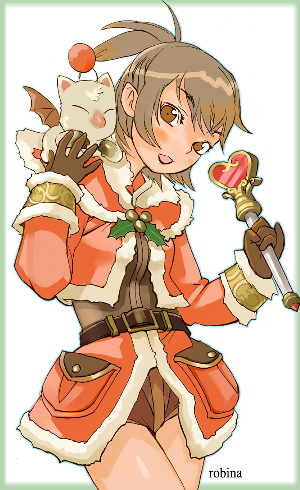 robina, moogle, final fantasy, final fantasy xi, 00s, brown eyes, brown hair, capelet, christmas, heart, hume, santa costume, solo, wand