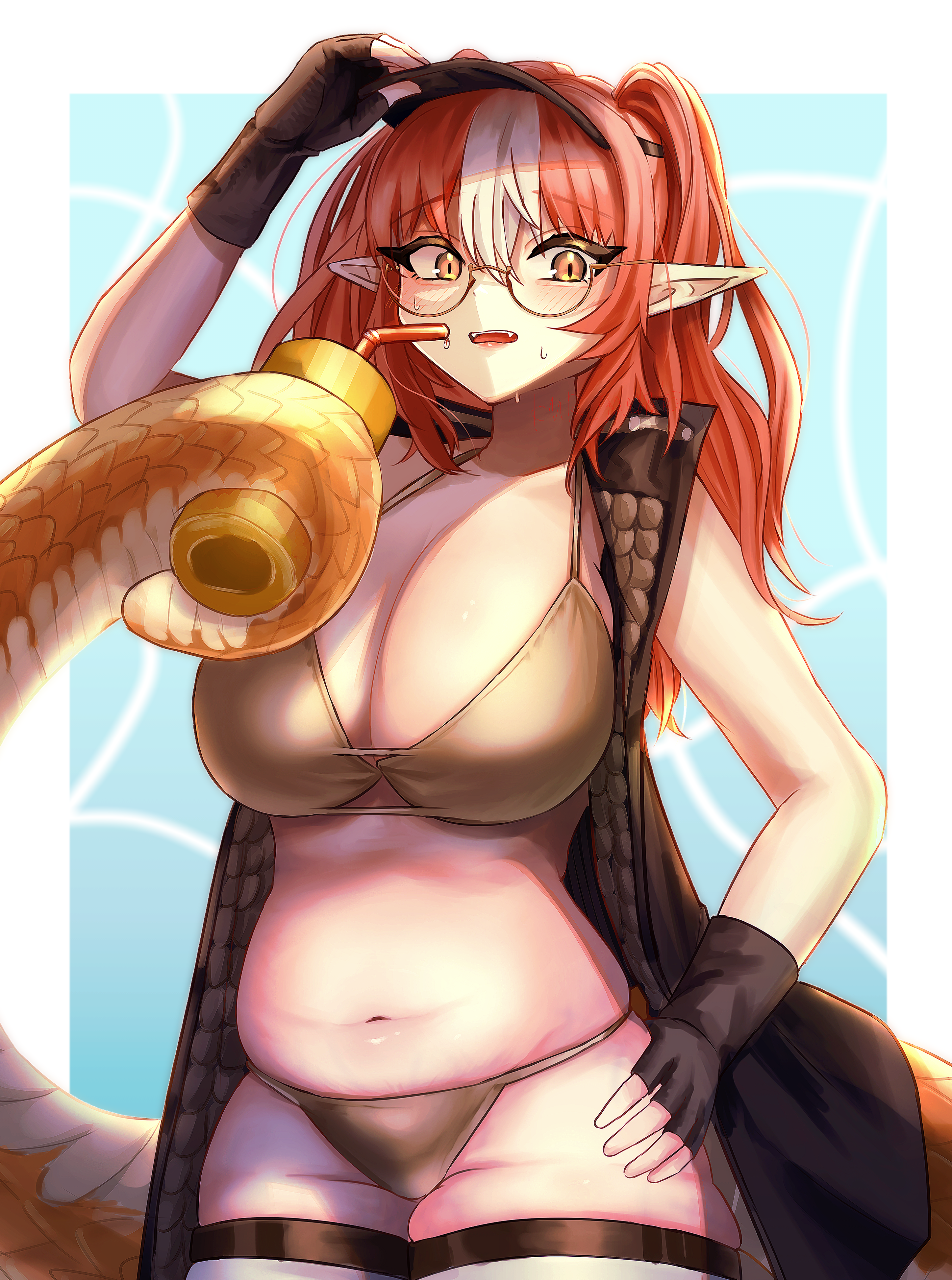 kmr gachinkoi, wulfenite (arknights), arknights, absurdres, highres, 1girl, adjusting clothes, adjusting headwear, alternate costume, arm up, bikini, black gloves, black jacket, blue background, blush, breasts, brown bikini, cowboy shot, cup, disposable cup, drinking straw, fangs, fingerless gloves, glasses, gloves, halterneck, hand on own hip, holding, holding with tail, huge breasts, jacket, long hair, looking at viewer, navel, open clothes, open jacket, open mouth, orange eyes, orange hair, pointy ears, prehensile tail, semi-rimless eyewear, slit pupils, snake girl, snake tail, solo, stomach, sweat, swimsuit, tail, teeth, thighhighs, two side up, under-rim eyewear, upper teeth only, white thighhighs