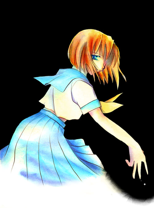 ryuuguu rena, higurashi no naku koro ni, 00s, 1girl, blue eyes, dark, female focus, leaning forward, looking back, orange hair, pleated skirt, sad, sad smile, school uniform, serafuku, short hair, short sleeves, skirt, solo