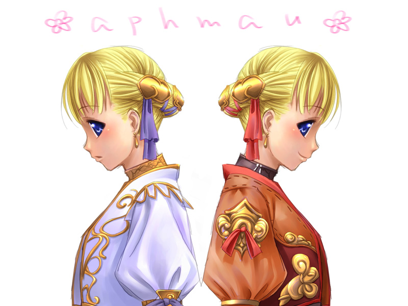 tori, tori (torinchi), afumau (final fantasy), final fantasy, final fantasy xi, eyebrows, 00s, 2girls, back-to-back, blonde hair, blue eyes, closed mouth, earrings, from side, hair ornament, hair ribbon, hume, jewelry, long hair, looking at viewer, multiple girls, multiple views, parted lips, profile, puffy sleeves, purple ribbon, red ribbon, ribbon, simple background, smile, symmetrical pose, upper body, white background