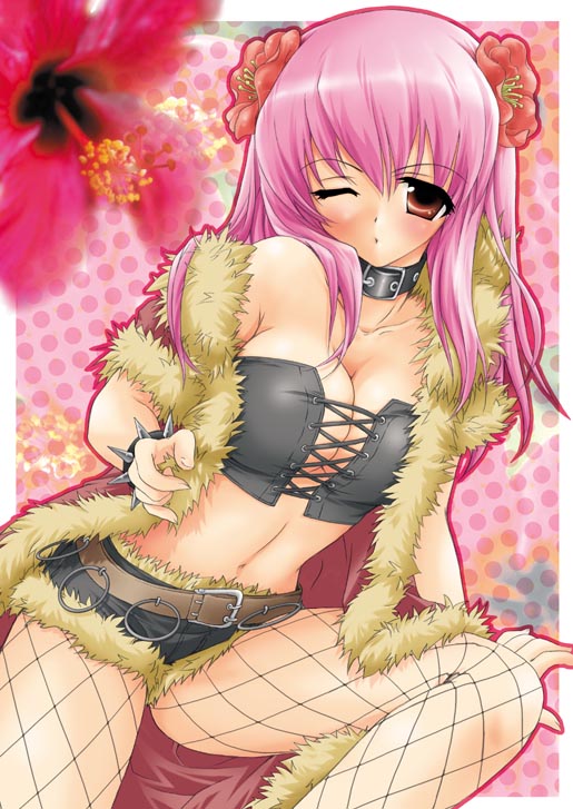 rogue (ragnarok online), ragnarok online, 1girl, blush, breast press, breasts, cleavage, collar, criss cross top, female focus, fishnet pantyhose, fishnets, flower, gyaru, lace up front, large breasts, long hair, midriff, one eye closed, pantyhose, pink hair, rokku gyaru, short shorts, shorts, solo, strapless, tube top, wink