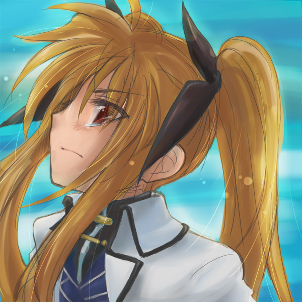 kajikawa yahiro, fate testarossa, lyrical nanoha, mahou shoujo lyrical nanoha, mahou shoujo lyrical nanoha strikers, >:(, 00s, 1girl, blonde hair, brown hair, closed mouth, collar, dress, expressionless, female focus, frown, profile, red eyes, solo, tears, twintails, upper body, v-shaped eyebrows, white dress